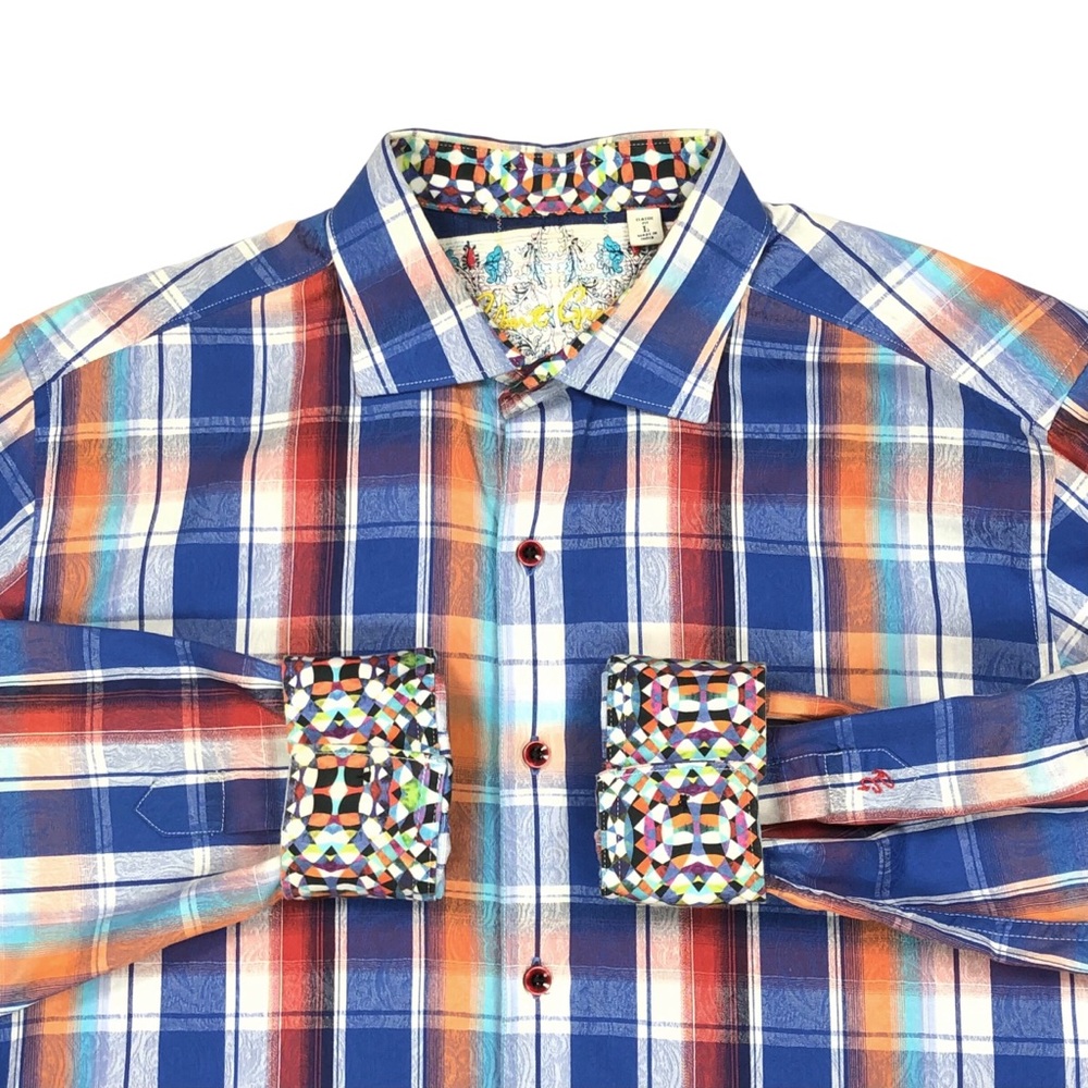 Robert Graham Men's Plaid Ghost Paisley Button Up Shirt Size Large Flip Cuff